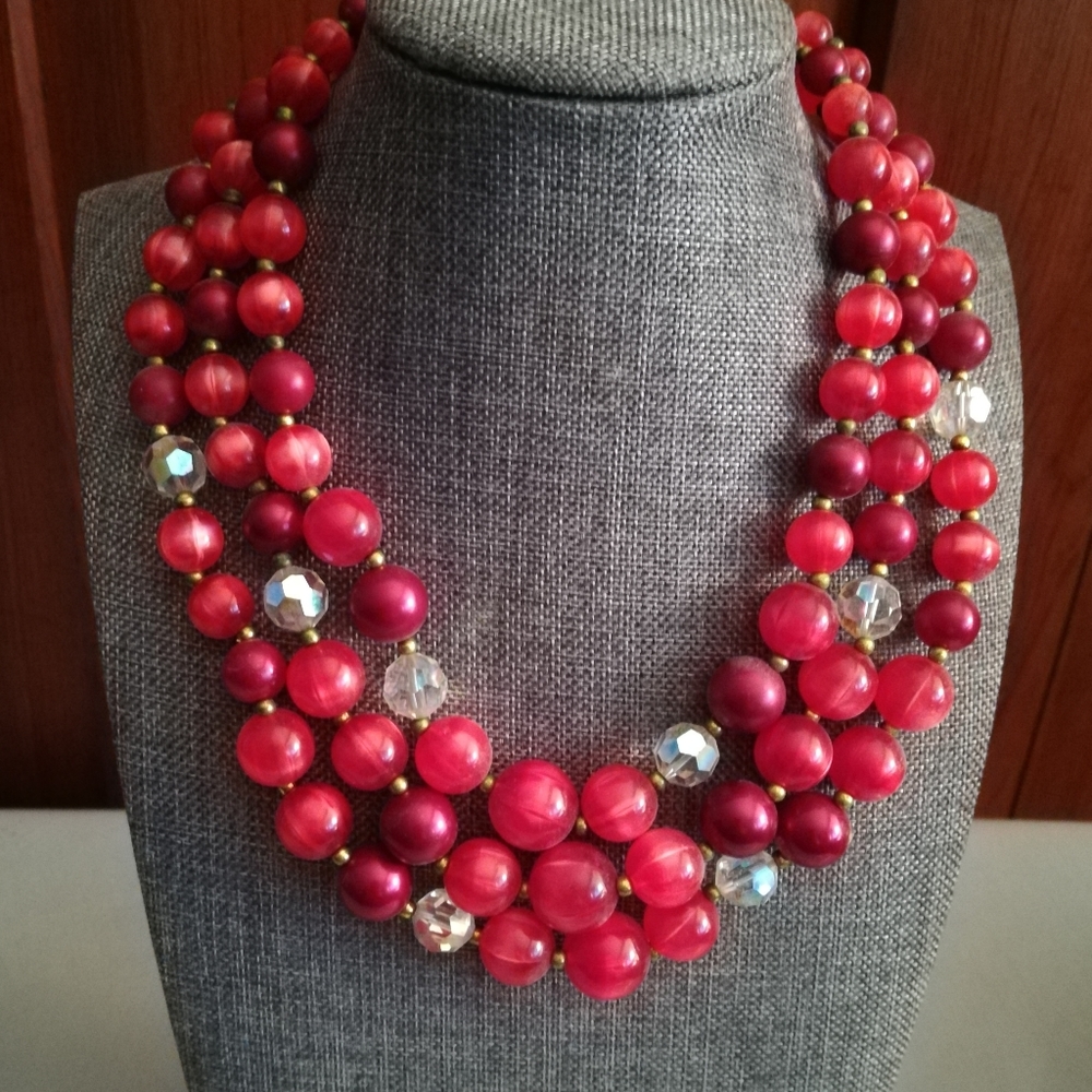 Vintage Red Triple Strand Beaded Necklace
